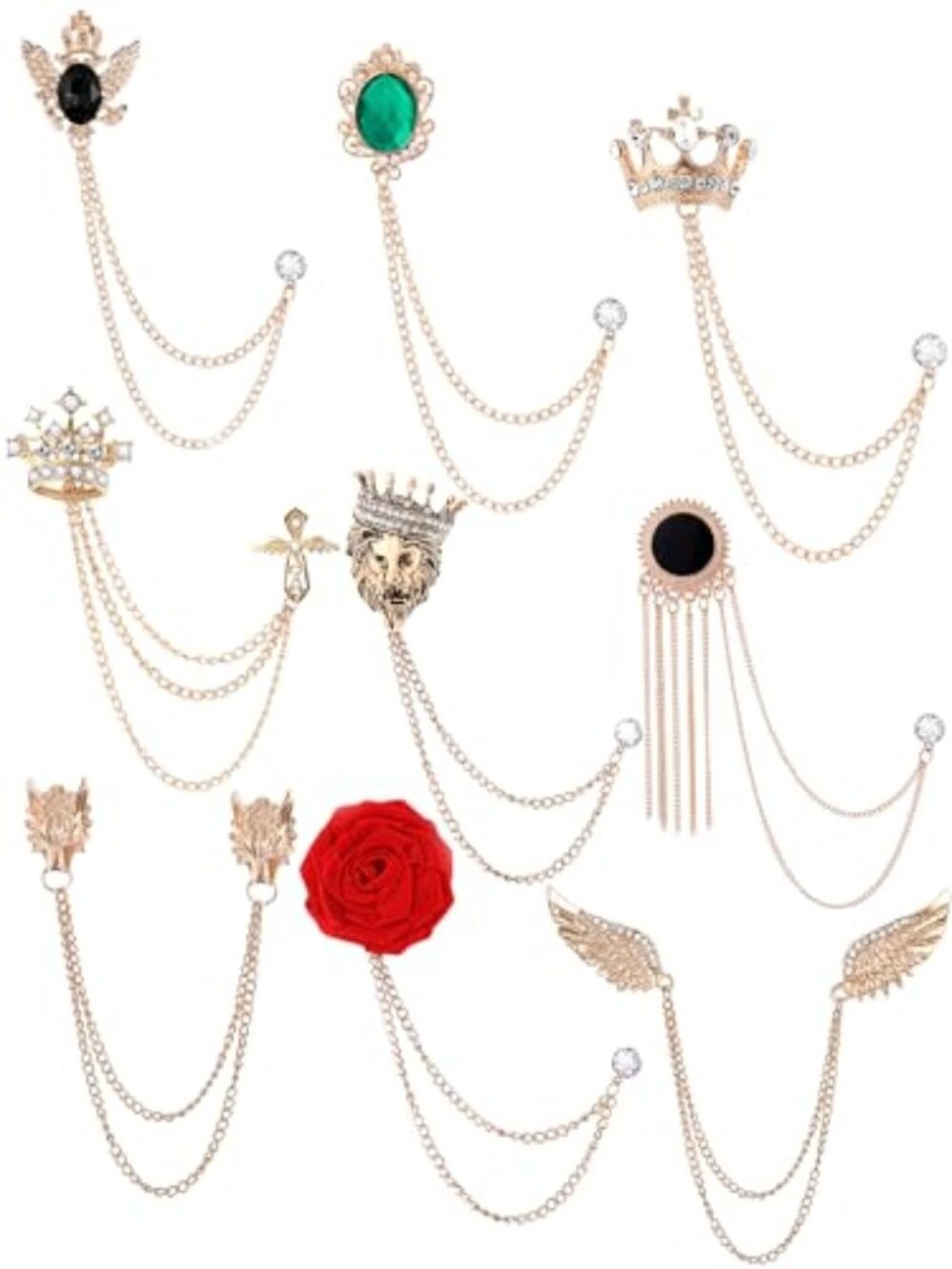 9Pcs Tassel Chain Brooch Collar Pins Rose Flower Rhinestone Angel Wings Wolf‎